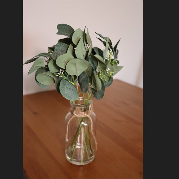 Artificial Eucalyptus in Glass Vase with White Buds Rustic Farmhouse Decor - Picture 5 of 8